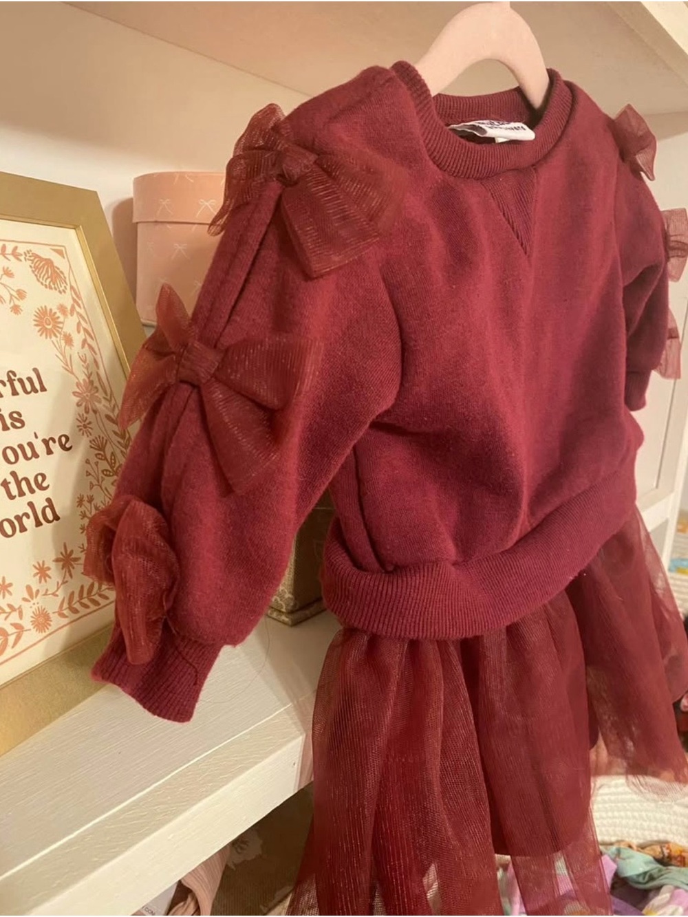 Girls Burgundy Bow Sleeve Sweater Dress